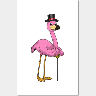 Flamingo as Pensioner with Walking stick Posters and Art